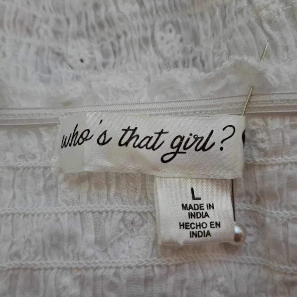 Who's That Girl? Camisole White Crop Top Cotton Eyelet 3/4 Sleeve Size L